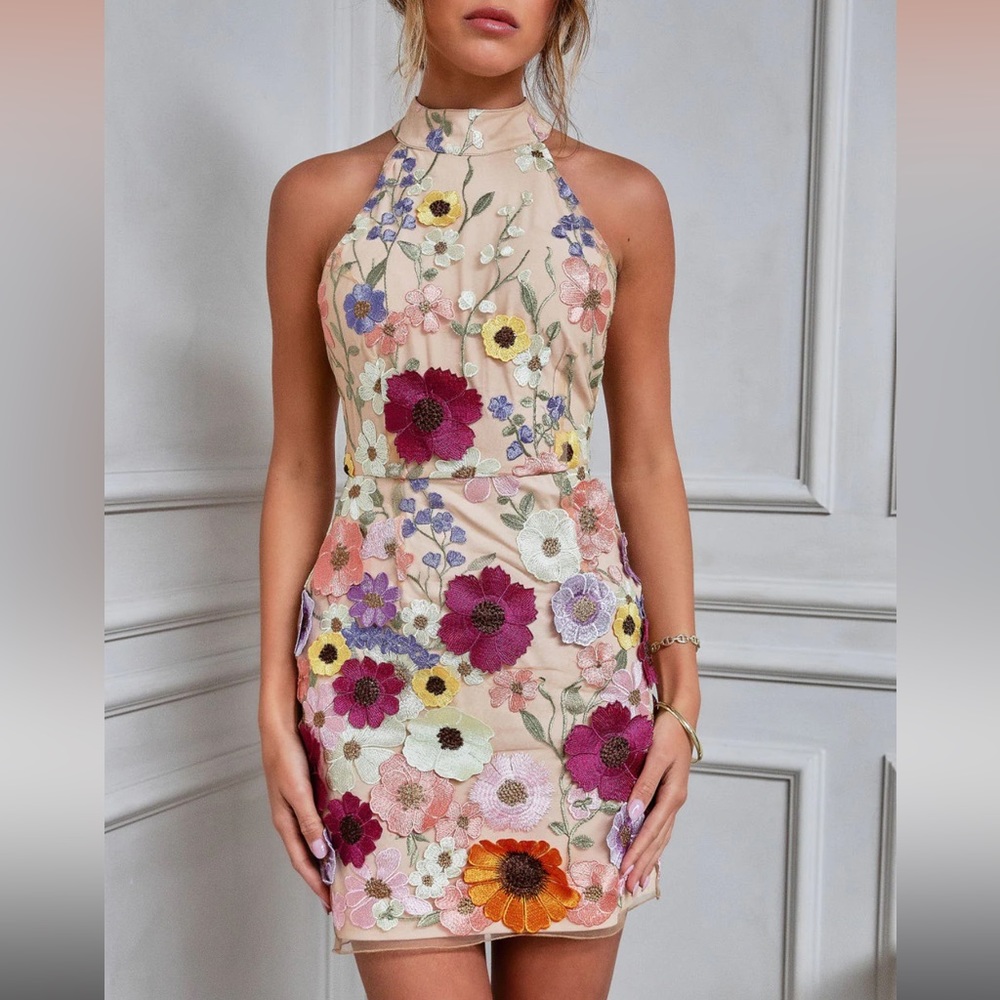BUY MYSELF FLOWERS FLORAL APPLIQUE MINI DRESS, VICI, LARGE-worn once